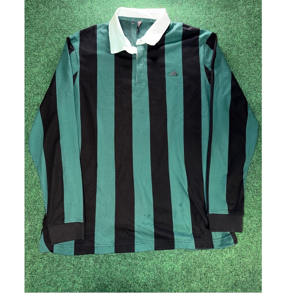 Adidas Mens Large Rugby Shirt Long Sleeve Striped Green Black White Collar L